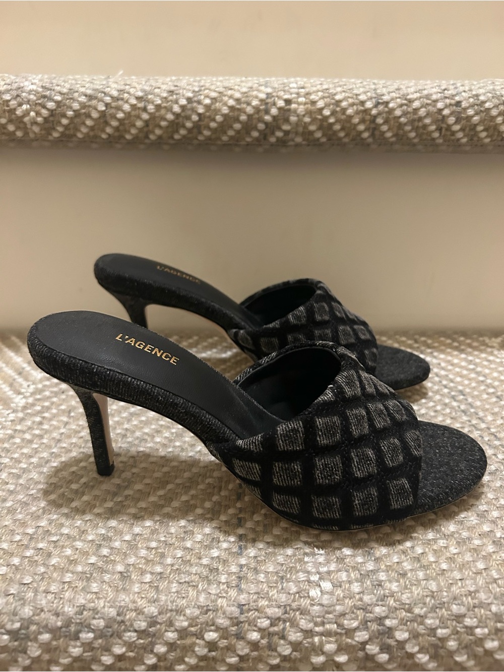 L'AGENCE Black Check-Textured Open-Toe Denim Heeled Mules